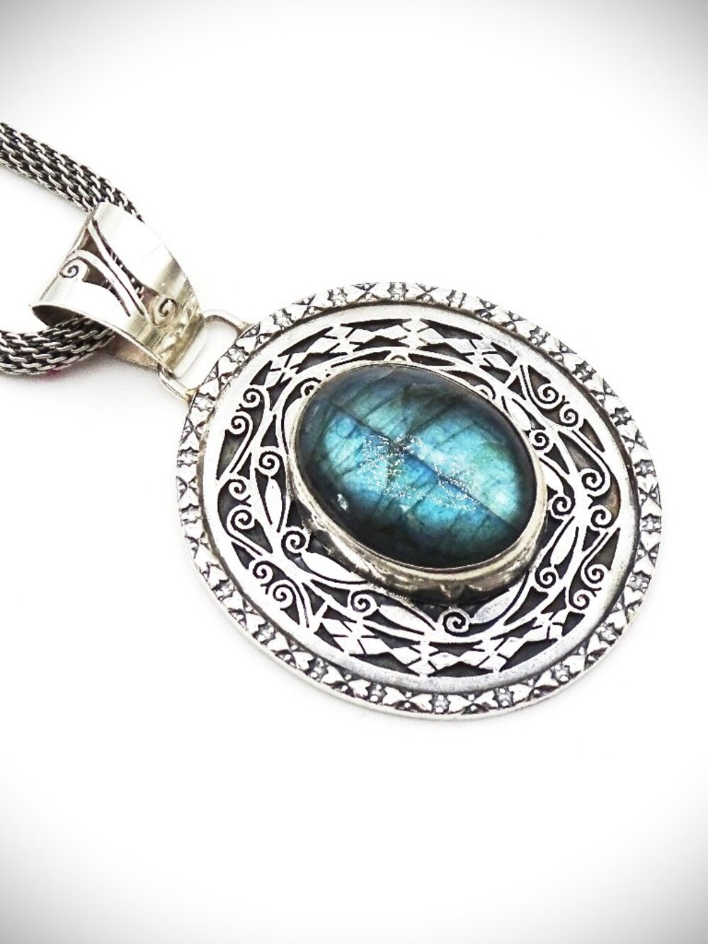 VINTGE Sterling Silver Blue Flash Labrdorite Pendant & Mesh Chain Necklace